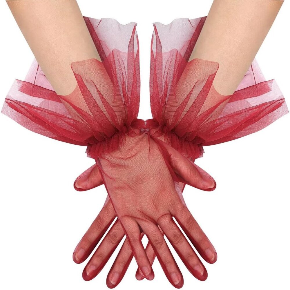 Women's Puffy Ruffle Burgundy Tulle Sheer Mesh Party Prom One Size Short Gloves